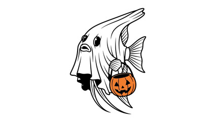 Ghostly Aquarium Delight: An unique illustration of a ghostly aquarium fish, wearing a whimsical ghost costume and holding a pumpkin lantern, evoking a sense of Halloween fun and aquatic charm.