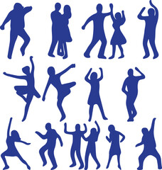 Dynamic blue silhouettes of diverse people dancing and celebrating joyfully