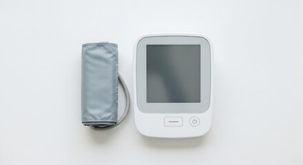 A Digital Blood Pressure Monitor with a Blank Screen on a White Surface