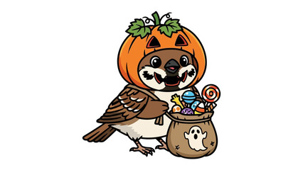 Halloween Sparrow: An adorable sparrow dressed in a pumpkin costume holds a bag full of candies, embodying the spirit of Halloween with a touch of cuteness.