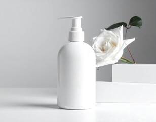 White bottle and rose on a white background