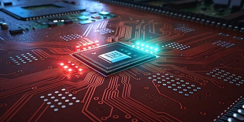 Close up view of a glowing central processor unit on a vibrant red circuit board illuminated by pulsating red and green lights symbolizing advanced technology and data flow