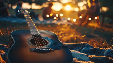 Group of people socializing with acoustic guitar at sunset