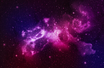 A galaxy in a purple-pink cloud floats above the atmosphere on a black background with sparkling stars.