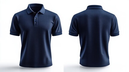 front and back views of a plain dark navy blue short-sleeve polo shirt with a collar and three buttons on a plain white background