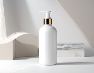 White bottle on geometric backdrop