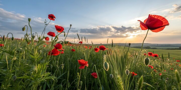 Vibrant red poppies bloom in a sun drenched field under a dramatic cloudy sky at sunset creating a picturesque rural landscape - Powered by Adobe