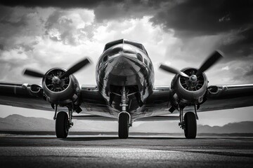 Front view of a vintage propeller airplane on a runway with rotating propellers and dramatic cloudy sky background