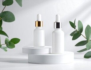 White bottles with dropper caps on white podiums surrounded by greenery