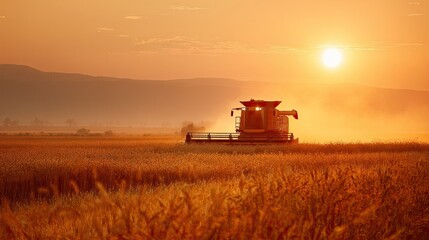 Fototapeta premium A combine harvester works in a golden field at sunset, creating a serene and productive agricultural scene.