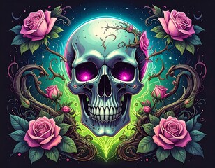 Skull surrounded by roses and vines in a vibrant, mystical scene
