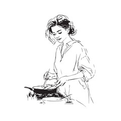 Black and White Illustration of Beautiful Woman Cooking in the Kitchen Minimalist Elegant Artwork Design