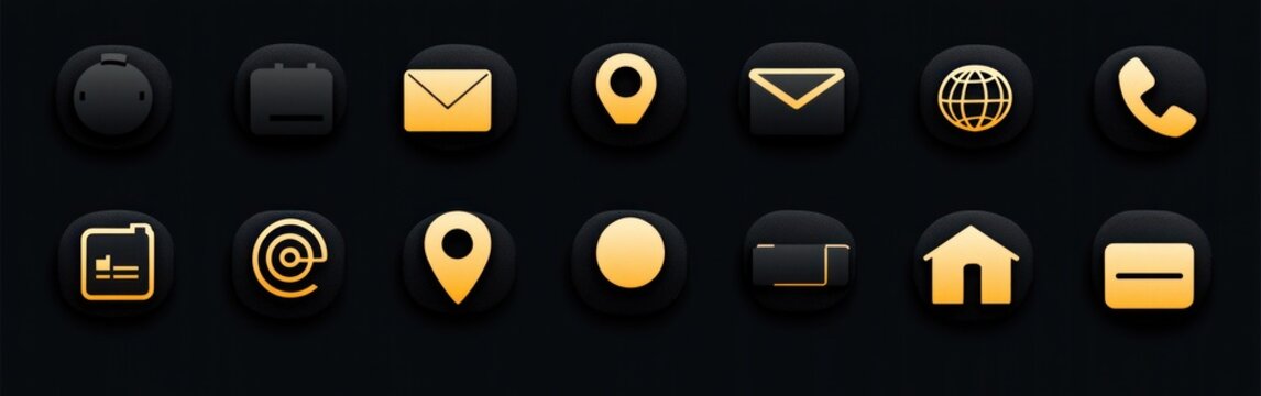 Set of sixteen black and gold digital icons representing communication, location, mail, phone, home, and internet functionalities on a dark background