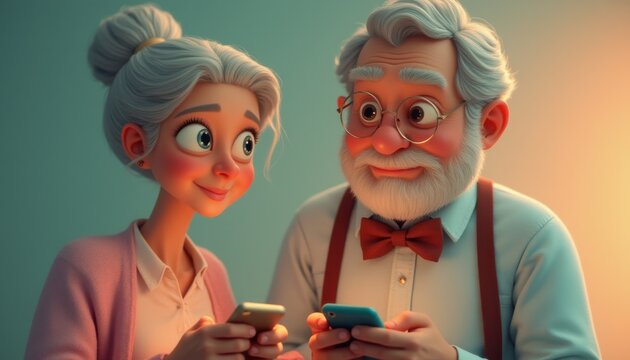 Elderly couple smiling and using mobile phones indoors in evening