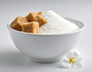 White bowl of brown sugar cubes and white granulated sugar with a flower