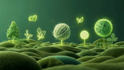 Fantasy landscape of glowing yarn trees and neon plant icons on a rolling green terrain symbolizing ecology and sustainable imagination