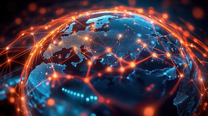 Digital globe with illuminated Europe and connected network nodes representing global communication and data exchange