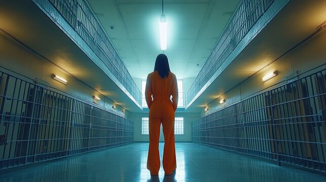 Person standing alone in the middle of a brightly lit prison corridor wearing an orange jumpsuit, conveying a sense of isolation and reflection