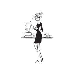 Black and White Illustration of Beautiful Woman Cooking in the Kitchen Minimalist Elegant Artwork Design