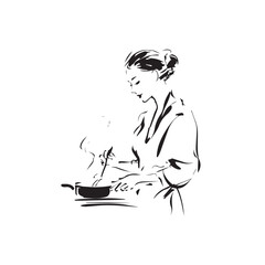 Black and White Illustration of Beautiful Woman Cooking in the Kitchen Minimalist Elegant Artwork Design