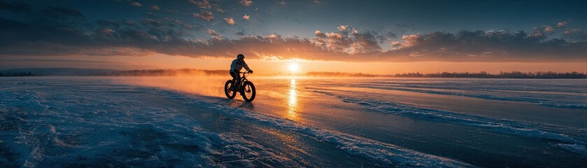 Fototapeta premium A lone cyclist rides on a frozen surface, illuminated by a stunning sunset, surrounded by dramatic clouds and a serene landscape.