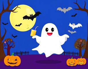 Cute ghost with drink on Halloween night