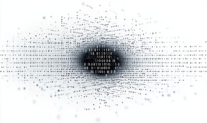 Abstract digital background featuring dense binary code digits converging towards a central dark core with scattered zeros and ones expanding outward, conveying complexity and data flow