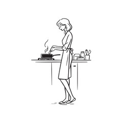 Black and White Illustration of Beautiful Woman Cooking in the Kitchen Minimalist Elegant Artwork Design