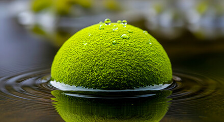 A vibrant green textured sphere with fresh morning dew drops floating peacefully in calm, reflective water, creating gentle ripples