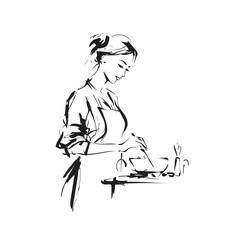 Black and White Illustration of Beautiful Woman Cooking in the Kitchen Minimalist Elegant Artwork Design