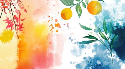 Vibrant watercolor painting of plants and oranges in studio