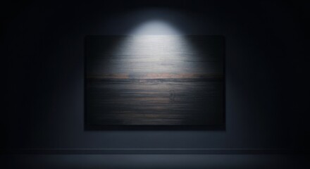 Large canvas gallery wrap mockup hanging on a dark, moody gallery wall, dramatic single spotlight illuminating the texture of the print