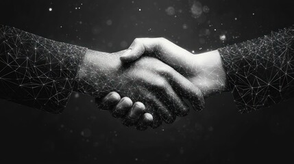 Digital handshake representing connection and partnership between two individuals portrayed with network and polygonal lines on grayscale background