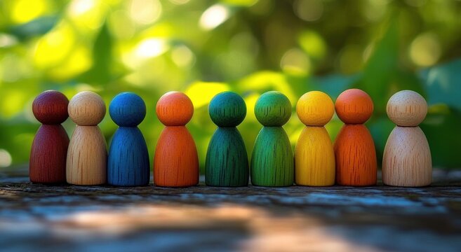 Colorful wooden peg dolls standing in a row on wooden surface with blurred green background, symbolizing diversity and unity