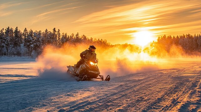 A person rides a snowmobile across a snowy landscape at sunset, creating a trail of snow while surrounded by trees and vibrant orange skies.