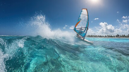 A windsurfer rides vibrant turquoise waves under a clear blue sky, creating splashes of water in a dynamic display of sport and nature.
