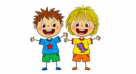 Two happy cartoon children, a boy and girl, smiling and waving with their hands up, isolated on a white background, illustration