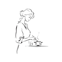 Black and White Illustration of Beautiful Woman Cooking in the Kitchen Minimalist Elegant Artwork Design