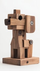 Sculpture of a dog made from reclaimed wood pieces assembled into abstract geometric shapes on a neutral background.