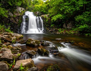 Fototapeta premium Serene Waterfall Cascading Through Lush Forest.