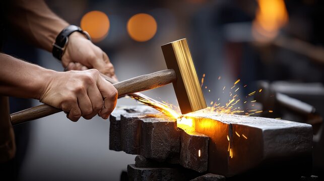 Crafting metal with skill and precision, a blacksmith shapes glowing iron into art during the fiery forge process at sunset - Powered by Adobe