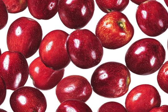 Seamless Pattern of Fresh Red Apples on a Transparent Background Close Up Photography Showing Shiny Skin and Small Imperfections Bright Lighting for Stock Photos - Powered by Adobe