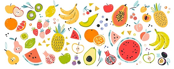 Vibrant collection of hand drawn tropical fruits and berries