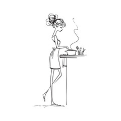 Black and White Illustration of Beautiful Woman Cooking in the Kitchen Minimalist Elegant Artwork Design