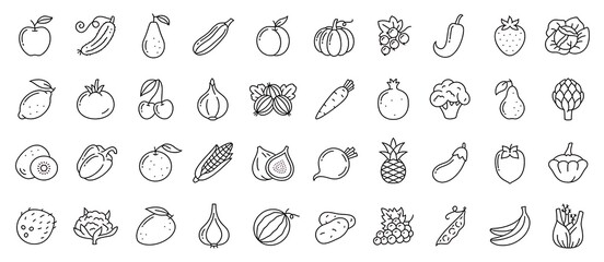 Collection of hand drawn outline icons of various fruits and vegetables