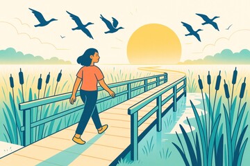 Obraz premium Woman walking on wooden path through marsh at sunrise with birds flying overhead in peaceful environment and bright abstract background. Ai generative
