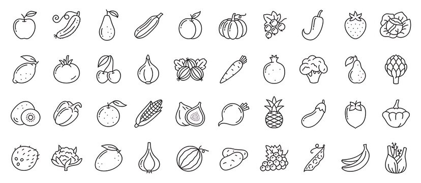 Collection of hand drawn outline icons of various fruits and vegetables