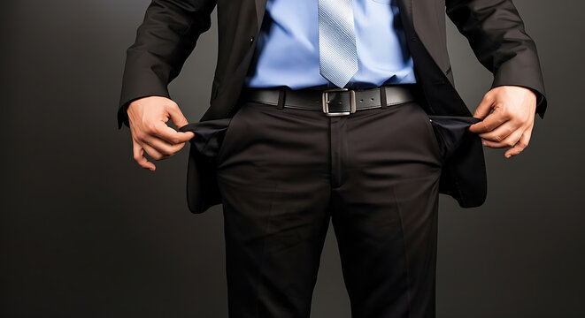 Elegant businessman showing empty pockets signals financial trouble and economic hardship, suitable for illustrating bankruptcy, debt, and recession themes