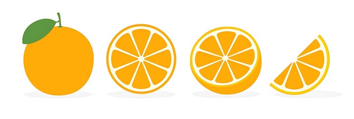 Whole and sliced oranges with green leaf on white background