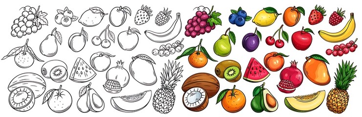 Collection of colorful watercolor fruits and black and white line drawings